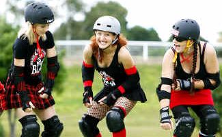 Tari Bowling ‘Sweet Meat’, Penny Glasswell ‘Penergy’, Nia Christy ‘Alison Chainsaw’ and Rachel Mackie ‘Demolition Girl’ prepare for upcoming roller derby bout. Tari Bowling ‘Sweet Meat’, Penny Glasswell ‘Penergy’, Nia Christy ‘Alison Chainsaw’ and Rachel Mackie ‘Demolition Girl’ prepare for upcoming roller derby bout.