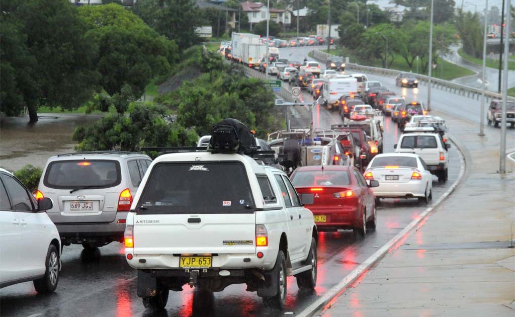 Flood waters caused traffic havoc on the Bruce Highway through Gympie Sunday. This south-bound traffic was backed up from Normanby Hill. Flood waters caused traffic havoc on the Bruce Highway through Gympie Sunday. This south-bound traffic was backed up from Normanby Hill.