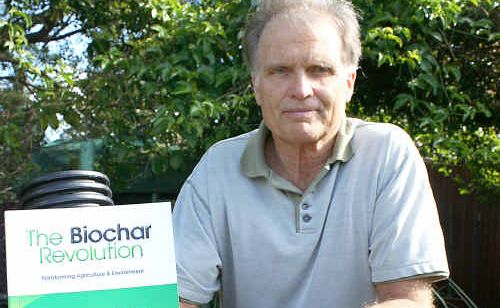 Paul Taylor with his book and some homemade biochar. Paul Taylor with his book and some homemade biochar.