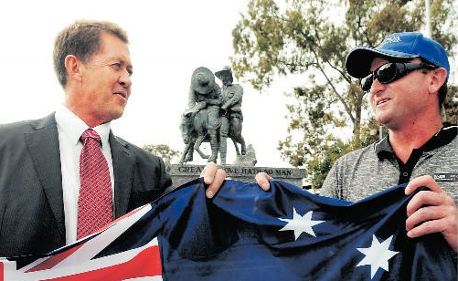 Jason Blake gets an Australia flag from Luke Hartsuyker. Jason Blake gets an Australia flag from Luke Hartsuyker.