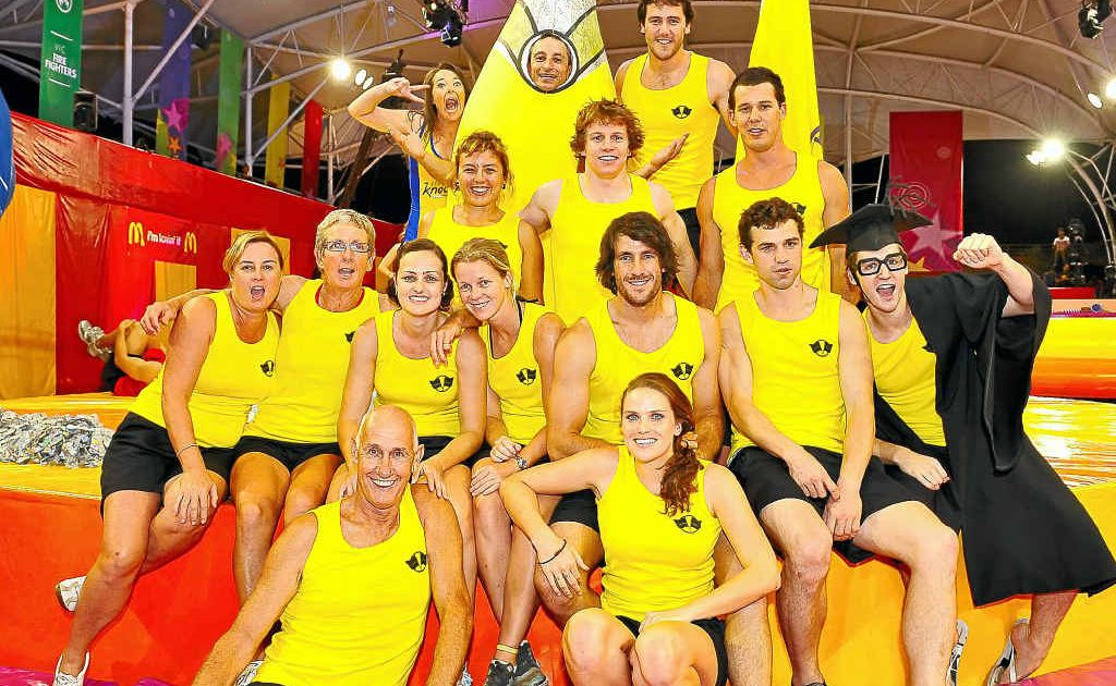 Three local lifesavers, Julie Davis, Ryan Bennett and Riley McGregor, were victorious in the revamped It’s a Knockout program. Three local lifesavers, Julie Davis, Ryan Bennett and Riley McGregor, were victorious in the revamped It’s a Knockout program.