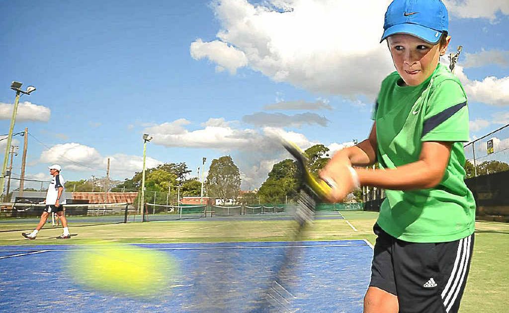 Grafton player Eli Fahey warms up in readiness for the Optus Junior Tour tennis tournament that gets underway at the Grafton Tennis Centre tomorrow. Grafton player Eli Fahey warms up in readiness for the Optus Junior Tour tennis tournament that gets underway at the Grafton Tennis Centre tomorrow.