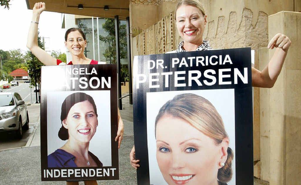 Independent candidates Angela Watson and Patricia Petersen appeared in Ipswich Courthouse wearing billboard signs in protest over council fines relating to electoral signs. Independent candidates Angela Watson and Patricia Petersen appeared in Ipswich Courthouse wearing billboard signs in protest over council fines relating to electoral signs.