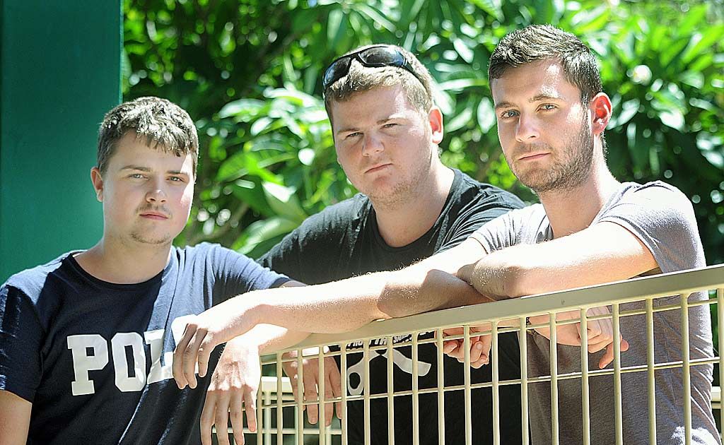 British backpackers Tom Foster, Conor Murphy and Liam Sullivan will leave with a bad impression of Hervey Bay after Liam was punched out and taken to hospital.
British backpackers Tom Foster, Conor Murphy and Liam Sullivan will leave with a bad impression of Hervey Bay after Liam was punched out and taken to hospital.