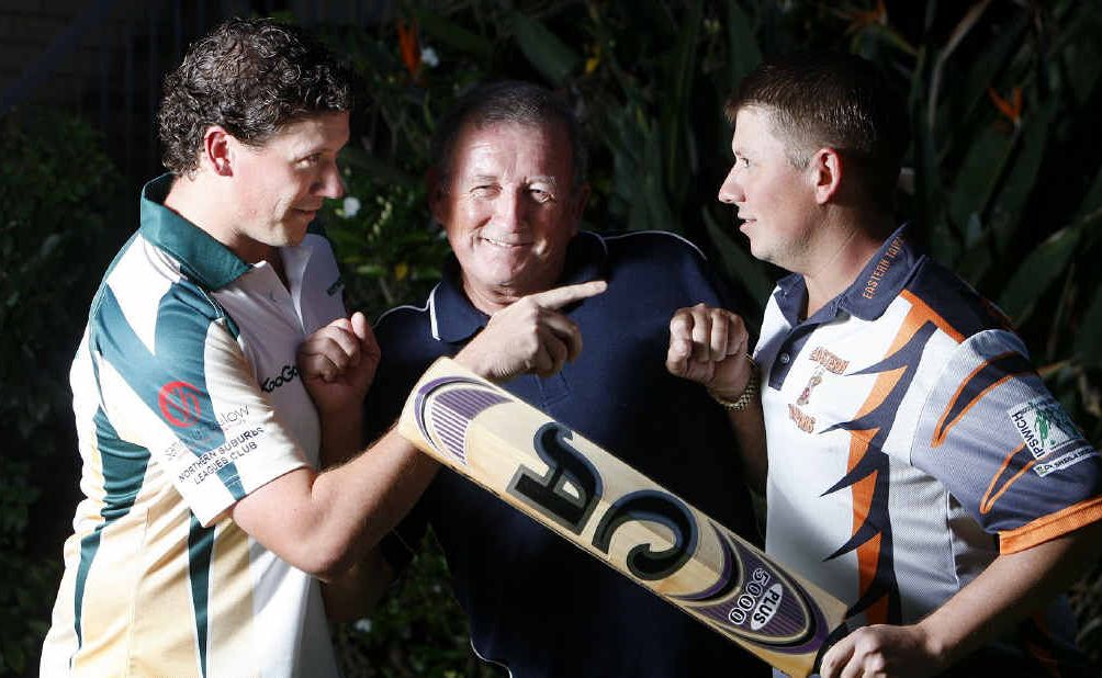 Alex Cumming plays referee as sons Kevin (left) and Craig prepare for a friendly battle in today’s Ipswich first division cricket grand final. Alex Cumming plays referee as sons Kevin (left) and Craig prepare for a friendly battle in today’s Ipswich first division cricket grand final.
