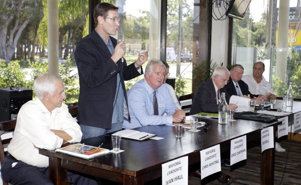 Mayoral candidate Chris Whiting talks to the crowd at the Ratepayers Action Group event at Bribie Island Hotel on Sunday. Photo Vicki Wood / Caboolture News Mayoral candidate Chris Whiting talks to the crowd at the Ratepayers Action Group event at Bribie Island Hotel on Sunday. Photo Vicki Wood / Caboolture News