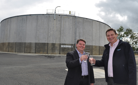 CHEERS: Logan City councillor Luke Smith and Allconnex Water CEO Andrew Foley at the New Bieth water reservoir. CHEERS: Logan City councillor Luke Smith and Allconnex Water CEO Andrew Foley at the New Bieth water reservoir.
