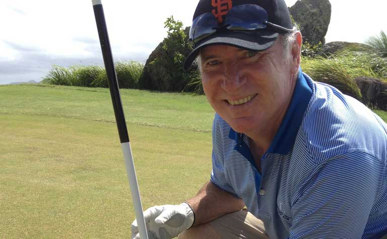 HOLE-IN-ONE: Australian cricket legend Allan Border proved he can swing a golf club just as good as a cricket bat when he hit a spectacular hole-in-one on the Hamilton Island golf course. Photo contributed HOLE-IN-ONE: Australian cricket legend Allan Border proved he can swing a golf club just as good as a cricket bat when he hit a spectacular hole-in-one on the Hamilton Island golf course. Photo contributed