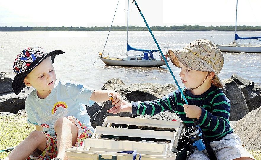 Oliver, 4, and Charlie Geeves, 2, from the Glass House Mountains are rearing to go fishing with their family at the Burrum Heads Easter Fishing Classic. Oliver, 4, and Charlie Geeves, 2, from the Glass House Mountains are rearing to go fishing with their family at the Burrum Heads Easter Fishing Classic.