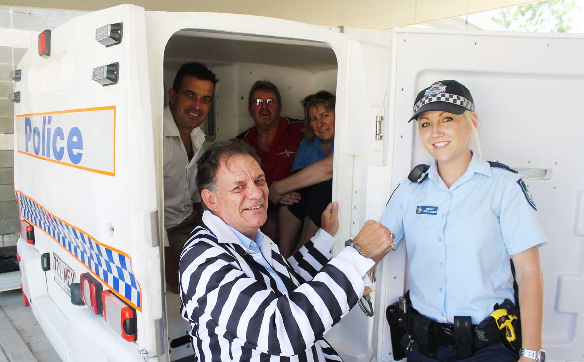 IN LOCK-UP: Whitsunday business people George Wade, Rob Taylor, Steve McDonald and Leanne Abernethy with Whitsunday Police Station constable Lauren Johnson in preparation for the charity fundraiser Time for Kids. Photo Aimee Vinci / Whitsunday Times IN LOCK-UP: Whitsunday business people George Wade, Rob Taylor, Steve McDonald and Leanne Abernethy with Whitsunday Police Station constable Lauren Johnson in preparation for the charity fundraiser Time for Kids. Photo Aimee Vinci / Whitsunday Times