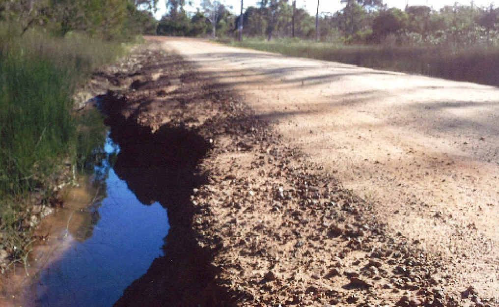 Water is trapped beside Florda Gold Rd, causing further erosion. Water is trapped beside Florda Gold Rd, causing further erosion.
