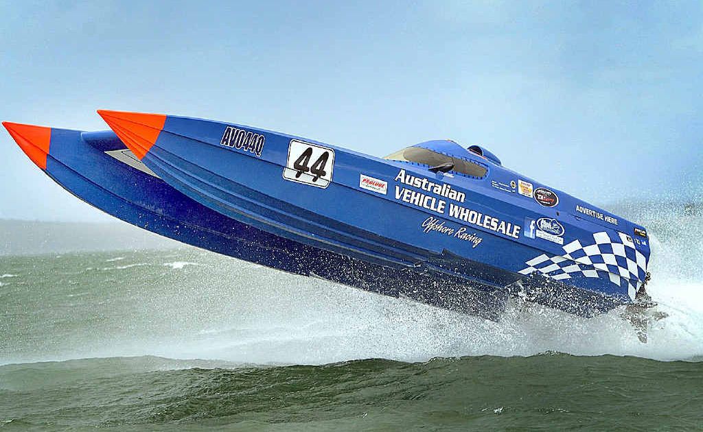 FLYING HIGH: An offshore superboat heads out of Urangan Harbour yesterday at little more than idling speed. FLYING HIGH: An offshore superboat heads out of Urangan Harbour yesterday at little more than idling speed.