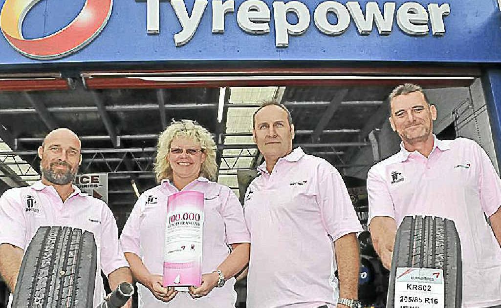 Justin Air, Allison Flanders, Dallas Flanders and Chris White of Tyrepower Noosaville support Kumho Tyres Pink Fitters Day. Justin Air, Allison Flanders, Dallas Flanders and Chris White of Tyrepower Noosaville support Kumho Tyres Pink Fitters Day.