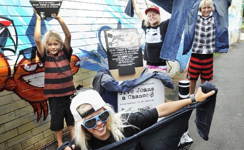 Kyuss King, 11, with friends, from left: Rasmus King, 6, Tai Daniels, 12, and Finn Crisp, 13, all of Byron Bay, support the charity initiative Give Jeans A Chance. Kyuss King, 11, with friends, from left: Rasmus King, 6, Tai Daniels, 12, and Finn Crisp, 13, all of Byron Bay, support the charity initiative Give Jeans A Chance.