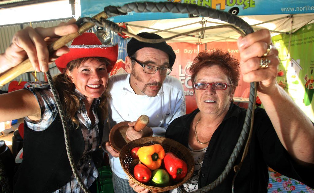 Cowgirl, Chef Pierre Frouchtri Frouchtra and councillor Dot Holdom at the Love Food Hate Waste campaign launch. Cowgirl, Chef Pierre Frouchtri Frouchtra and councillor Dot Holdom at the Love Food Hate Waste campaign launch.