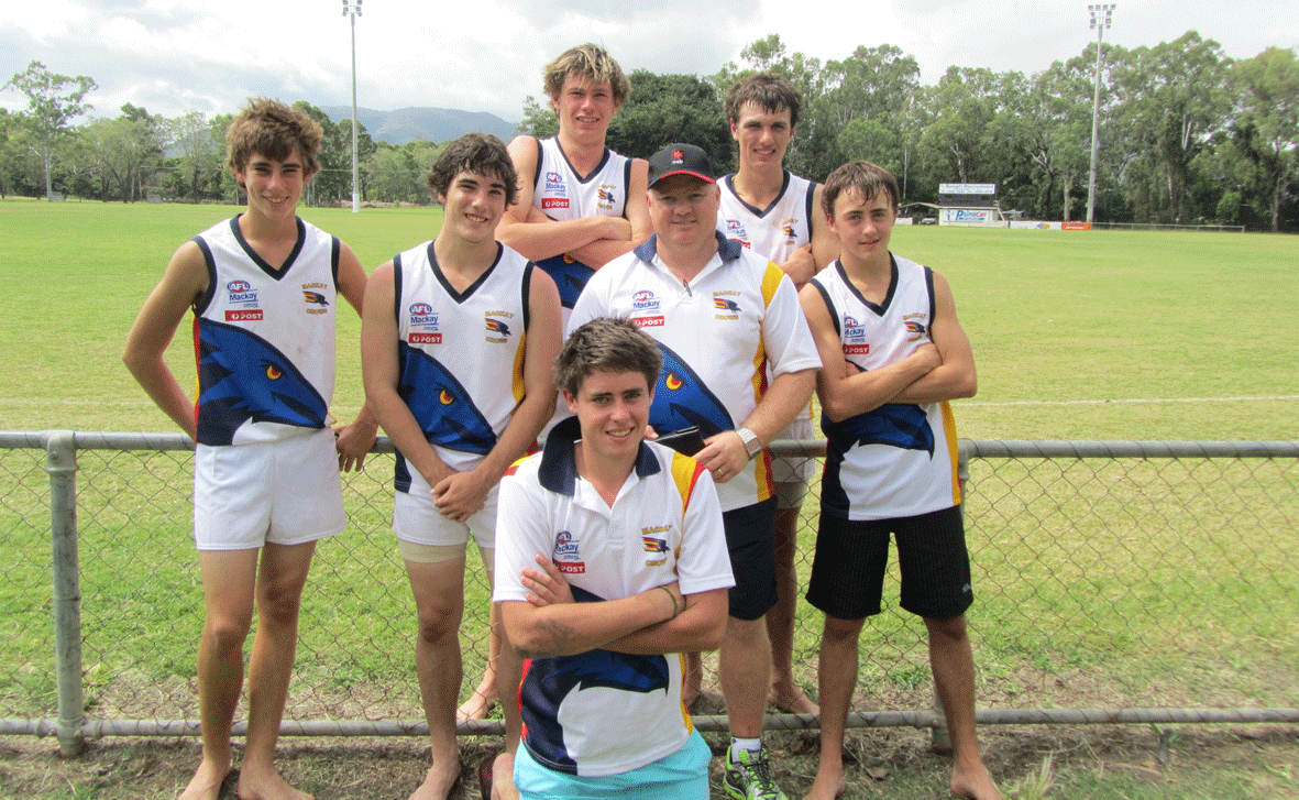 REPRESENTING THEIR REGION: Jacob Lowe, Bob Reents (back), Tory Pendrey, Jack Spencer, Coach Jamie Fuhrmann, Jordan Griffiths (middle) and Thomas McGrath Ashton spent the weekend representing the Mackay Crows at the under 16 Queensland Country Championships. REPRESENTING THEIR REGION: Jacob Lowe, Bob Reents (back), Tory Pendrey, Jack Spencer, Coach Jamie Fuhrmann, Jordan Griffiths (middle) and Thomas McGrath Ashton spent the weekend representing the Mackay Crows at the under 16 Queensland Country Championships.