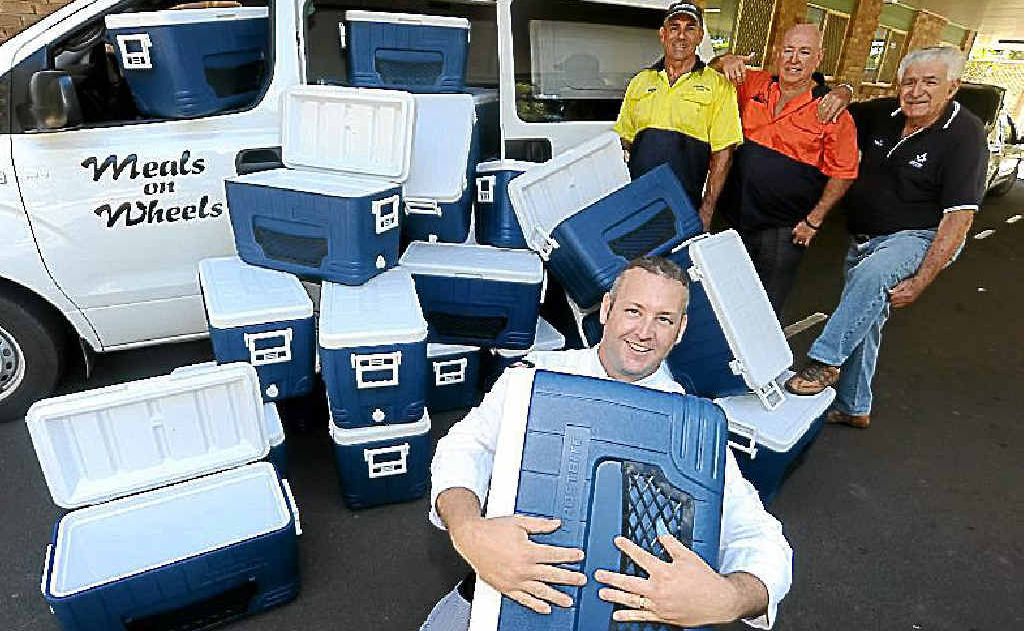 Damien Usher happily receives the kind donation of 33 food-grade cooler boxes from Citizens Who Care representatives Rob Bauer and Steve McCormack, and from Sir Augustus Freemasons Lodge of Queensland representative Ben Lathoras. Damien Usher happily receives the kind donation of 33 food-grade cooler boxes from Citizens Who Care representatives Rob Bauer and Steve McCormack, and from Sir Augustus Freemasons Lodge of Queensland representative Ben Lathoras.