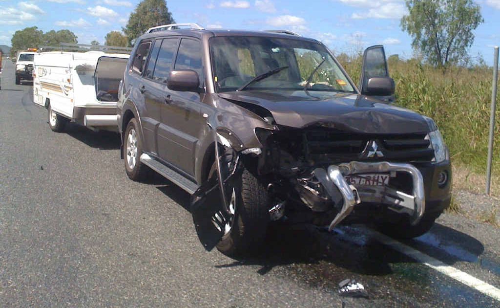 Stephen and Roslyn Hughes’s Pajero and caravan after it hit a truck tyre on the Capricorn Highway last fortnight. Stephen and Roslyn Hughes’s Pajero and caravan after it hit a truck tyre on the Capricorn Highway last fortnight.