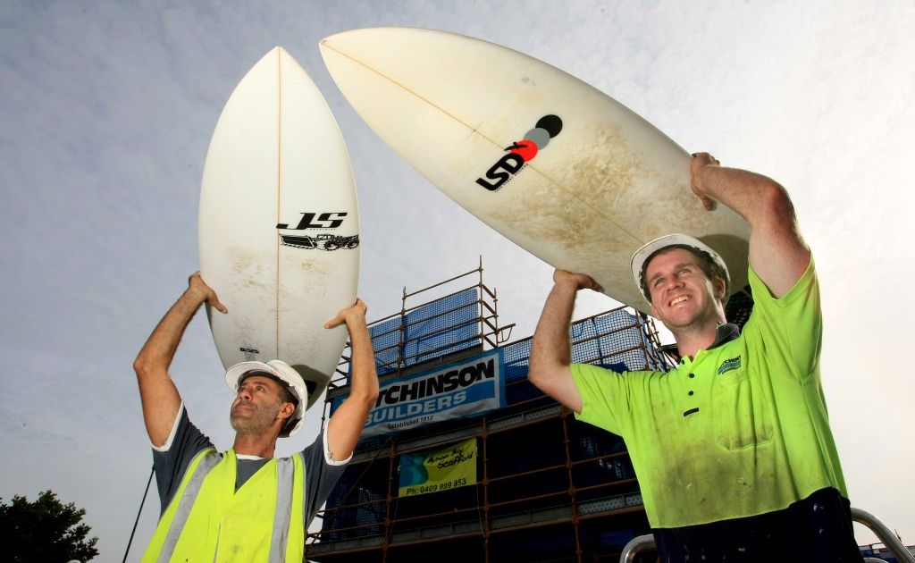 Stephen Grosserano and Kyle Patience are two builders who are always ready for a surf. Stephen Grosserano and Kyle Patience are two builders who are always ready for a surf.