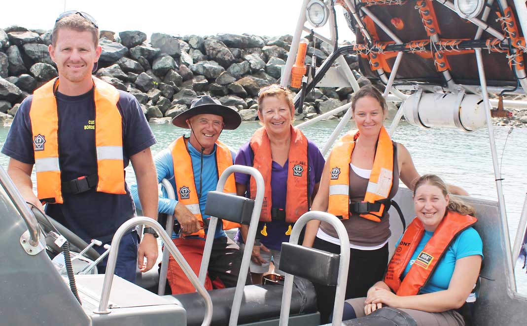 TERRIFIC EXPERIENCE: ACV Ocean Protector senior customs officer Euan Weate with Sailability Whitsundays and Compass participants and volunteers Al McCarragher, Jenny Stratford, Lara Foster and Sigrid Eitler on Tuesday.
Photo Aimee Vinci / Whitsunday Times TERRIFIC EXPERIENCE: ACV Ocean Protector senior customs officer Euan Weate with Sailability Whitsundays and Compass participants and volunteers Al McCarragher, Jenny Stratford, Lara Foster and Sigrid Eitler on Tuesday.
Photo Aimee Vinci / Whitsunday Times