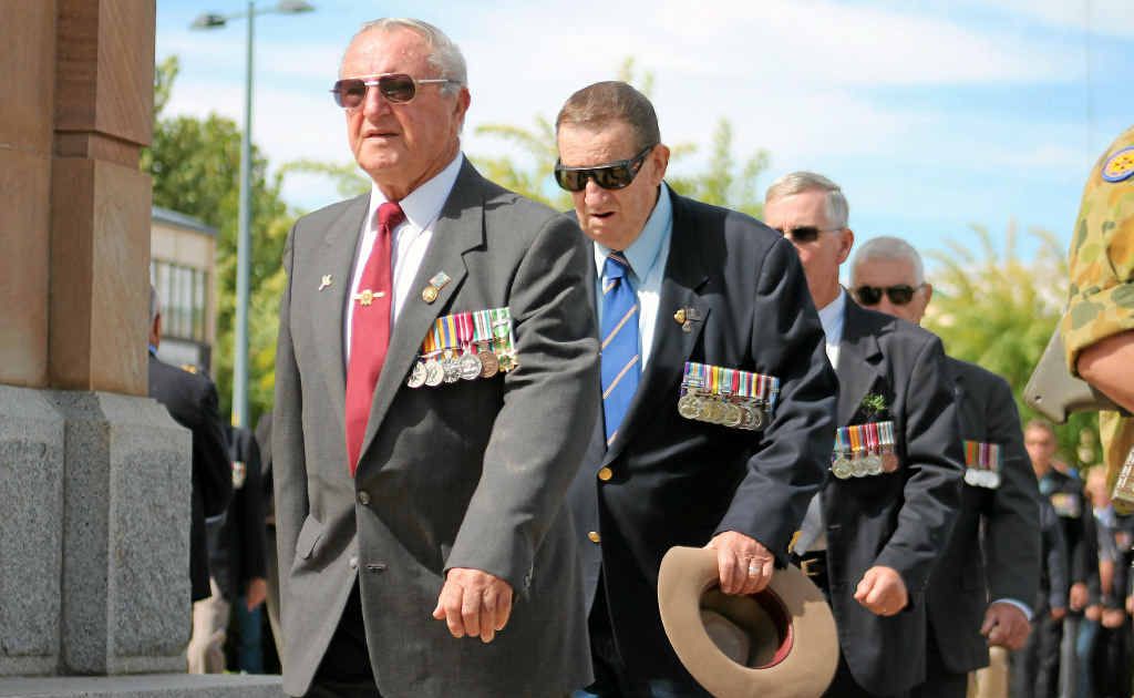 Return service men experience sunshine as they march as part of the Diggers’ Column in the Anzac Day parade, but not before experiencing the fog the early morning dawn service had to offer. Return service men experience sunshine as they march as part of the Diggers’ Column in the Anzac Day parade, but not before experiencing the fog the early morning dawn service had to offer.