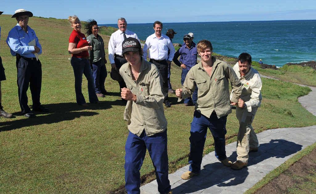 Jacob Clarke (left) and Miles Guthrie-Hanson (centre) are joined by their National Green Jobs Corp supervisor Marcello De Nardis on the project they completed at Bonville Headland. Jacob Clarke (left) and Miles Guthrie-Hanson (centre) are joined by their National Green Jobs Corp supervisor Marcello De Nardis on the project they completed at Bonville Headland.