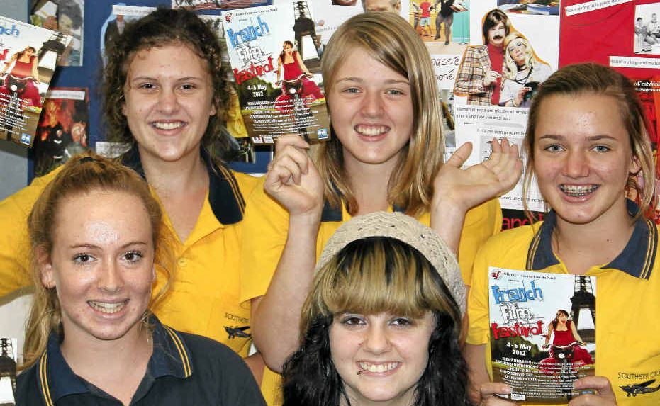 OOH LA LA: Getting ready for the French Travelling Film Festival are Southern Cross K-12 Year 10 French students, (from left rear) Ashley Kelly, Alinta Kalns, Elina Kalns, Lara Tsikleas and Tayla Rule. OOH LA LA: Getting ready for the French Travelling Film Festival are Southern Cross K-12 Year 10 French students, (from left rear) Ashley Kelly, Alinta Kalns, Elina Kalns, Lara Tsikleas and Tayla Rule.