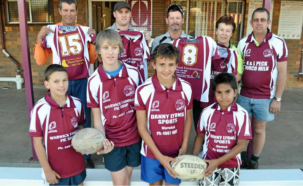 Eastern Suburbs players (front, from left) Robert Wagner, Jack Olive, Brendan Hoffman, Jaylen Close, (back) sponsors David Bennett (Southern Downs Plant Training), Brendan Burges (Warwick’s Famous Pie Shop), Tim McCudden (Great Escavations), Louise and Ken Peck (Norco Milk). Eastern Suburbs players (front, from left) Robert Wagner, Jack Olive, Brendan Hoffman, Jaylen Close, (back) sponsors David Bennett (Southern Downs Plant Training), Brendan Burges (Warwick’s Famous Pie Shop), Tim McCudden (Great Escavations), Louise and Ken Peck (Norco Milk).