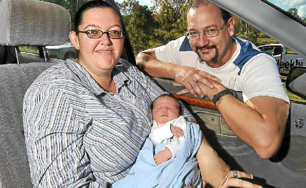 Megan and Bryant Platt with little Liam, who was born by the side of the road at Sharon, after his parents didn’t make it to hospital on time. Megan and Bryant Platt with little Liam, who was born by the side of the road at Sharon, after his parents didn’t make it to hospital on time.