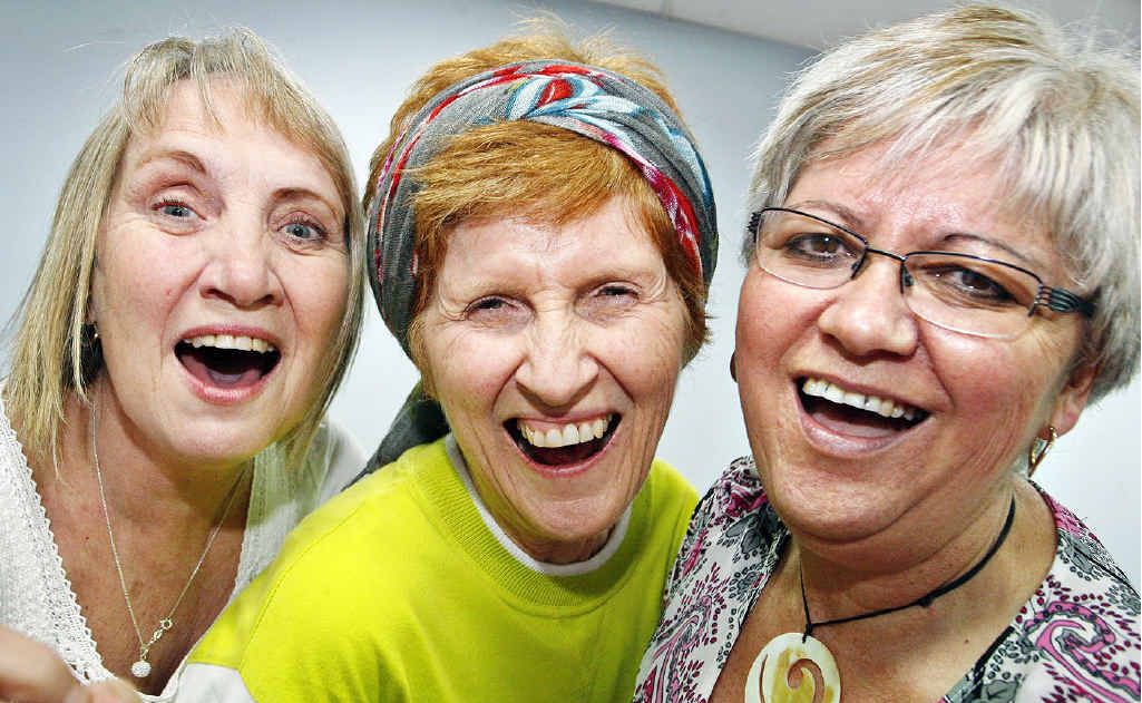 Laughter yoga teacher Lyn Burrows (centre) instructs Kathryn Lane and Margaret Baxter during a workshop. Laughter yoga teacher Lyn Burrows (centre) instructs Kathryn Lane and Margaret Baxter during a workshop.