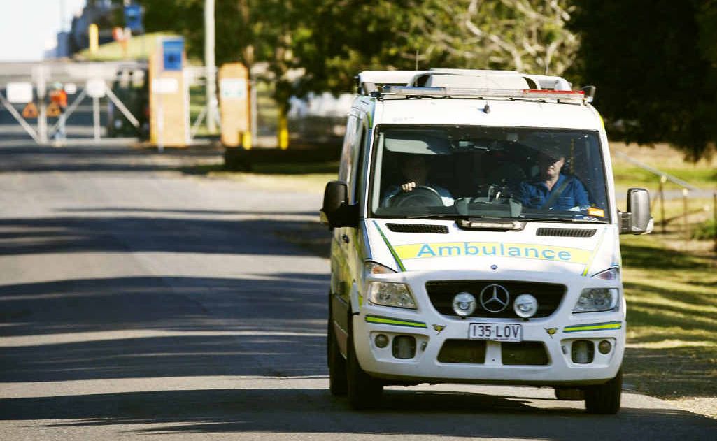 An ambulance leaves the Bundamba factory after the man’s death. An ambulance leaves the Bundamba factory after the man’s death.