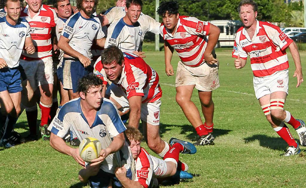 LOOKING TO UNLOAD: Byron Bay’s Michael Armstrong looks to clear in the battle against Grafton, which the Bay won 25-15. LOOKING TO UNLOAD: Byron Bay’s Michael Armstrong looks to clear in the battle against Grafton, which the Bay won 25-15.