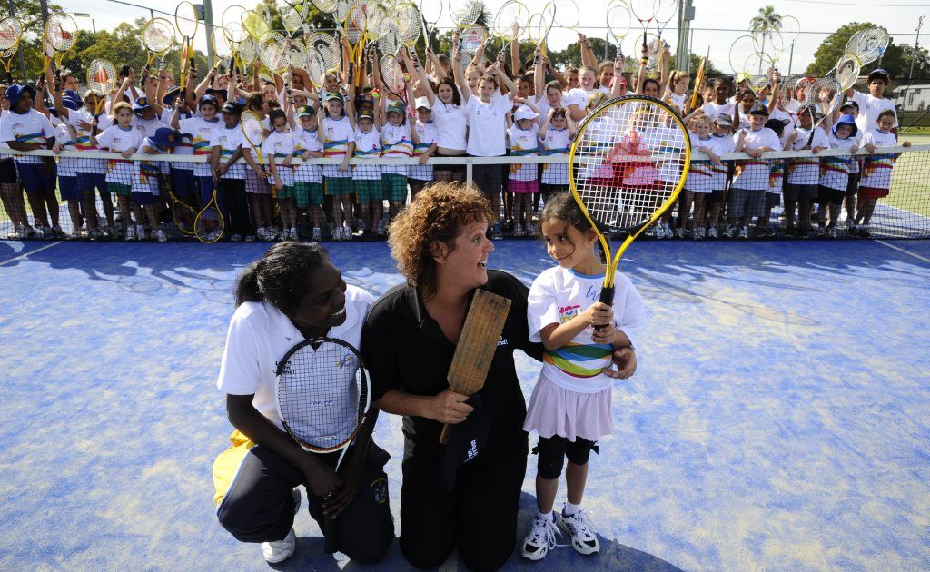 Coach Talina Tipungwuti, tennis legend Evonne Goolagong and Sereni Goro-Rawson, 5 of Copmanhurst get together with hundreds of kids from the area for a indigenous tennis coaching day at the Grafton courts. Photo Adam Hourigan / The Daily Examiner Coach Talina Tipungwuti, tennis legend Evonne Goolagong and Sereni Goro-Rawson, 5 of Copmanhurst get together with hundreds of kids from the area for a indigenous tennis coaching day at the Grafton courts. Photo Adam Hourigan / The Daily Examiner
