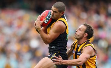 Shaun Grigg of the Tigers takes a mark in front of Brad Sewell of the Hawks during the round nine AFL match between the Richmond Tigers and the Hawthorn Hawks at the Melbourne Cricket Ground. Shaun Grigg of the Tigers takes a mark in front of Brad Sewell of the Hawks during the round nine AFL match between the Richmond Tigers and the Hawthorn Hawks at the Melbourne Cricket Ground.