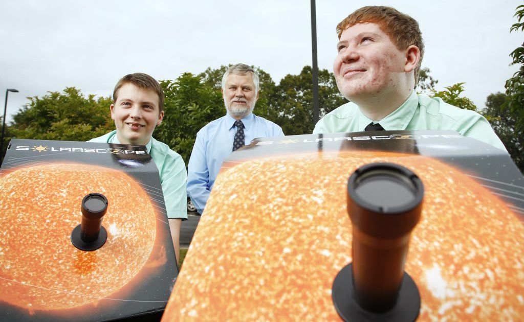 Bundamba State Secondary College students from left, Adam Yarrow, and Sean Priman, with the help of Professional Surveyor Andrew Owen are using Solarscopes. Bundamba State Secondary College students from left, Adam Yarrow, and Sean Priman, with the help of Professional Surveyor Andrew Owen are using Solarscopes.