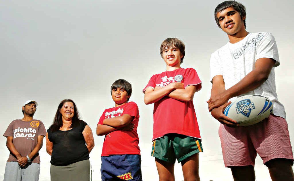 Abby and Glenda Roberts with their rugby league playing kids (from left) Tate, 9, Blake, 12, and Ethan, 15. Abby and Glenda Roberts with their rugby league playing kids (from left) Tate, 9, Blake, 12, and Ethan, 15.