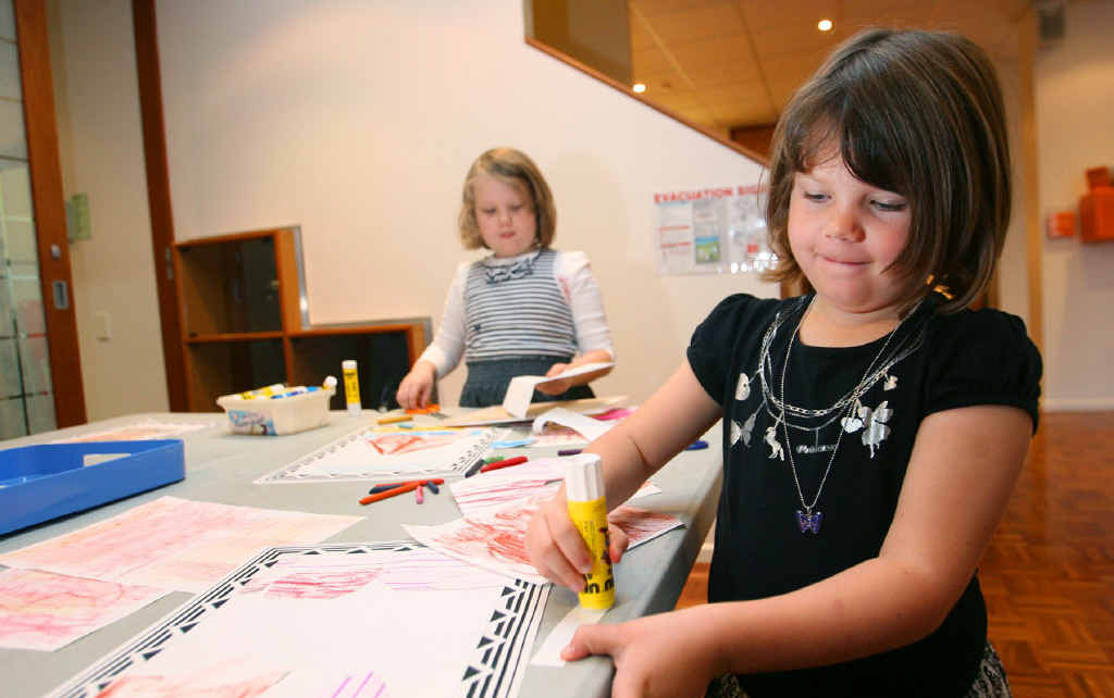 Hayley Kluver, 5 (foreground) with Lauren Kluver, 7, get creative during school holiday activities at the Rockhampton Art Gallery. Hayley Kluver, 5 (foreground) with Lauren Kluver, 7, get creative during school holiday activities at the Rockhampton Art Gallery.