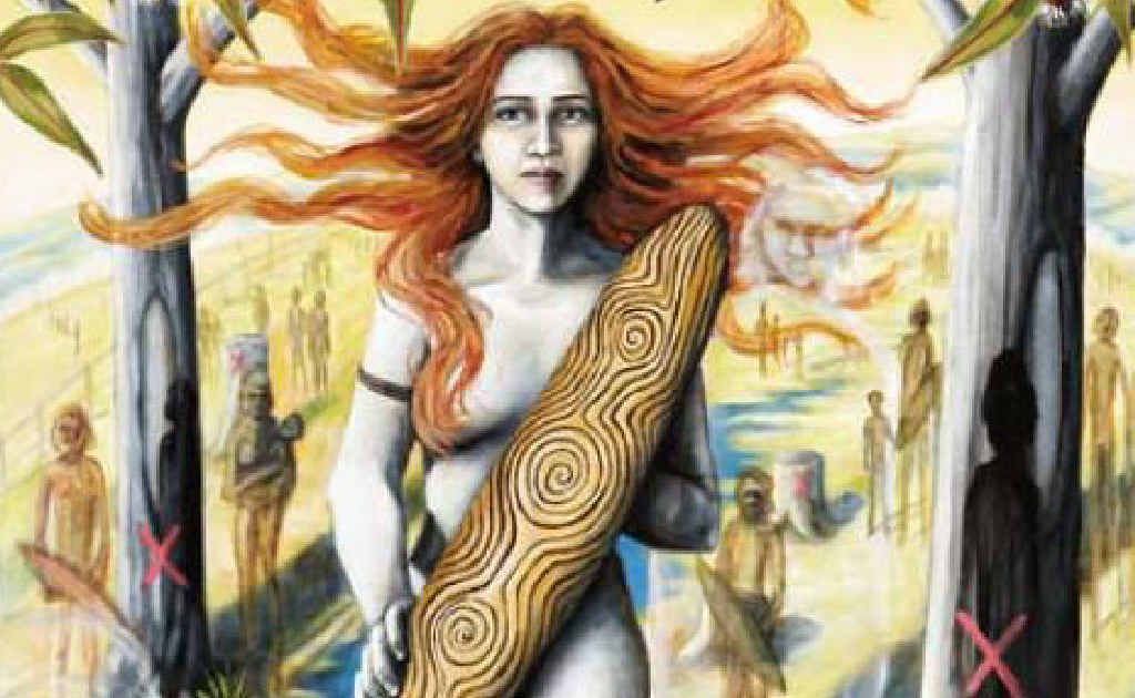 Defending Country is a deeply personal and provocative work depicting a pale-skinned, blue-eyed woman holding a shield against the backdrop of the land and its ancestors. Defending Country is a deeply personal and provocative work depicting a pale-skinned, blue-eyed woman holding a shield against the backdrop of the land and its ancestors.