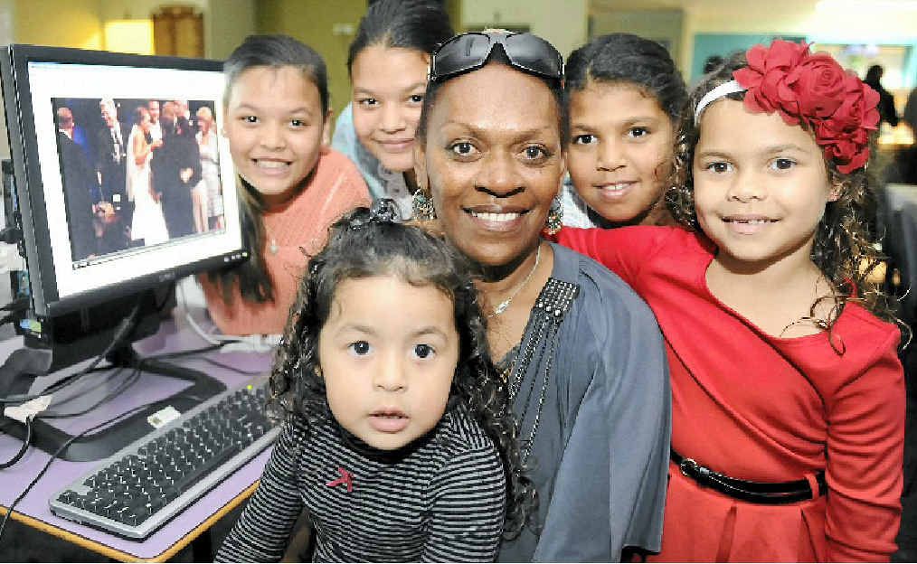(front) Kiera, Shelly and Sienna Nagas, (back) Takiyah, Khaliyah and Shanequah Nagas watch Kim-Maree Roberts and Marcus Janzen get married via video link at Western Suburbs Leagues Club. (front) Kiera, Shelly and Sienna Nagas, (back) Takiyah, Khaliyah and Shanequah Nagas watch Kim-Maree Roberts and Marcus Janzen get married via video link at Western Suburbs Leagues Club.