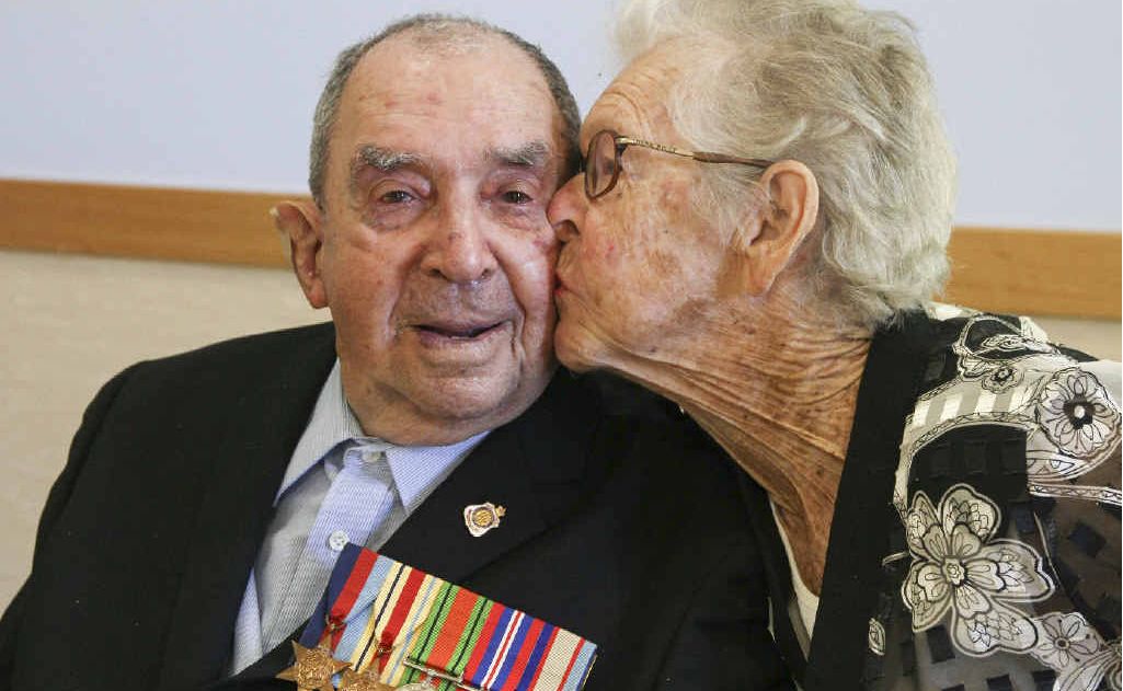 Clarence Valley war veteran Ken Barnier gets a kiss from his wife of 69 years, Kathleen, earlier this year. Ken died on Monday morning. Clarence Valley war veteran Ken Barnier gets a kiss from his wife of 69 years, Kathleen, earlier this year. Ken died on Monday morning.