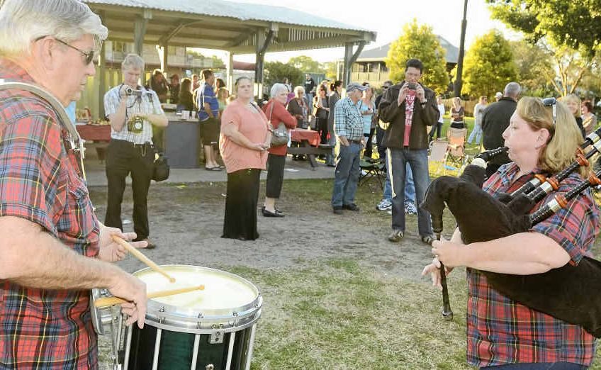 Alan Somerville and Jenny Henry play the bagpipes during the jail thank you barbecue at Jacaranda Park on Sunday. Alan Somerville and Jenny Henry play the bagpipes during the jail thank you barbecue at Jacaranda Park on Sunday.