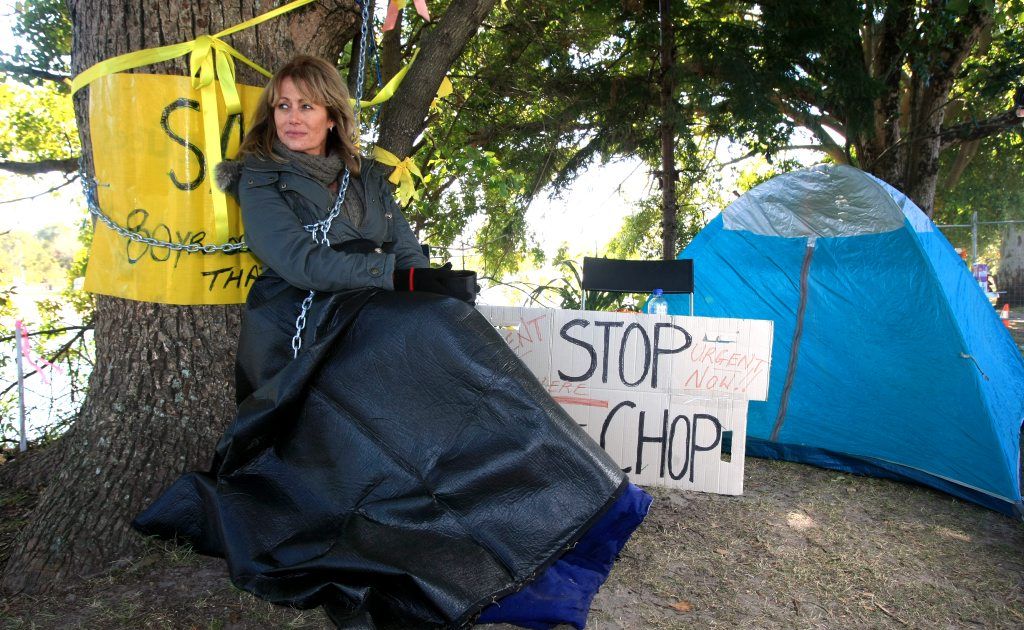 Lynne Hargreaves chains herself to a tree in Currumbin to stop council workers chopping it down. Lynne Hargreaves chains herself to a tree in Currumbin to stop council workers chopping it down.