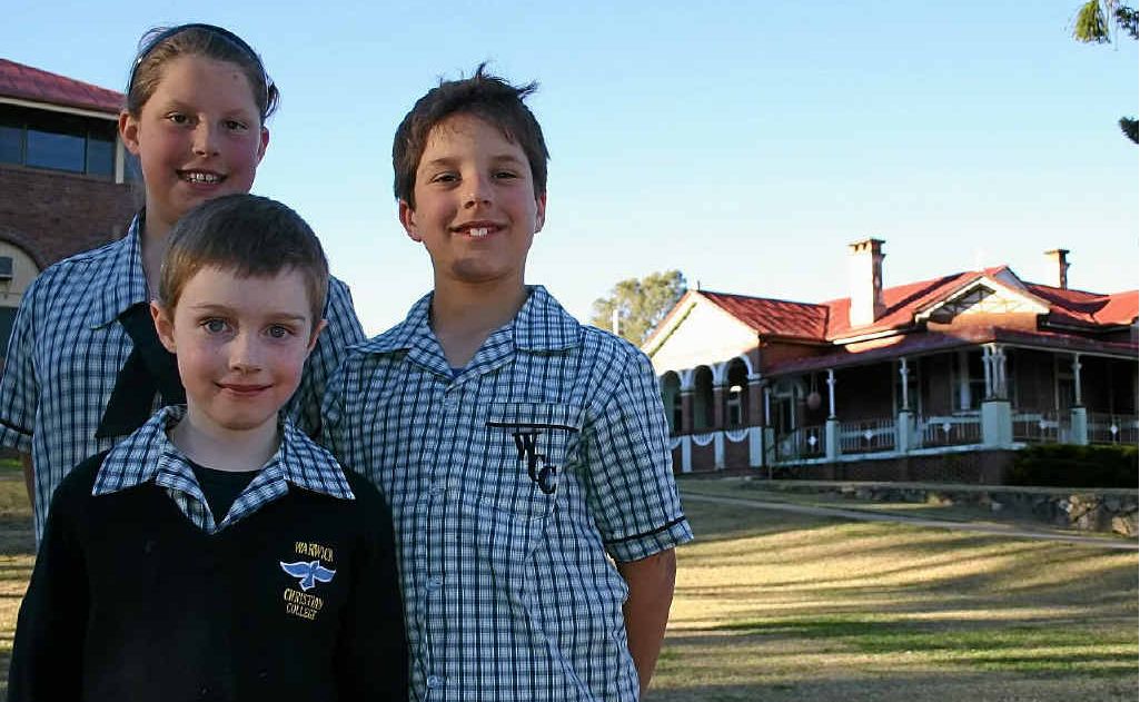 Warwick Christian College primary students (from left) Kimberley Hutley, Joshua McCorkell and Alex Hutley get ready for the shift to Slade. Warwick Christian College primary students (from left) Kimberley Hutley, Joshua McCorkell and Alex Hutley get ready for the shift to Slade.