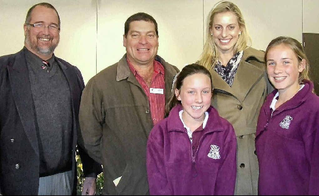 Mayor Peter Blundell with Allora State School chaplain John Briffa, national netballer Laura Geitz and Allora State School students Ella Harrison and Sally Higgins at Thursday’s Allora State School chaplaincy dinner. Mayor Peter Blundell with Allora State School chaplain John Briffa, national netballer Laura Geitz and Allora State School students Ella Harrison and Sally Higgins at Thursday’s Allora State School chaplaincy dinner.