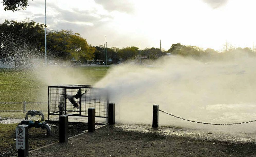 Water sprays onto Ellem Oval after a gasket on a flanged plate in the oval's irrigation system gave way on Monday afternoon. Water sprays onto Ellem Oval after a gasket on a flanged plate in the oval's irrigation system gave way on Monday afternoon.
