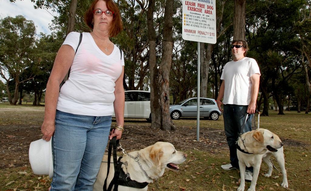 Suzi Hudson and Ben Dieriks with their guide dogs Cooper and Kane at Arkinstall Park. Suzi Hudson and Ben Dieriks with their guide dogs Cooper and Kane at Arkinstall Park.