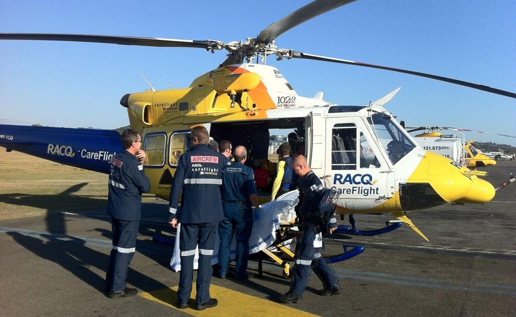 RACQ CareFlight treating a fisherman who lost a lot of blood following a swordfish injury. RACQ CareFlight treating a fisherman who lost a lot of blood following a swordfish injury.