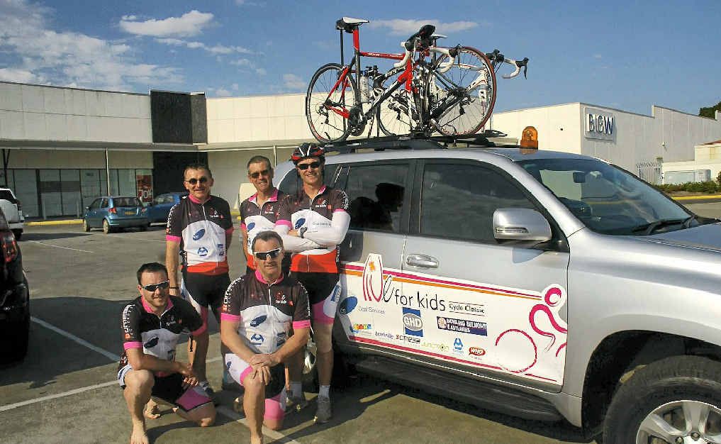 Part of the 34-strong Live for Kids Cycling Classic in Grafton yesterday. Kneeling: Daniel Wilson, Martin Spiers; standing (L to R): Gordon Wilson, Neil Roser and Classic founder Simon Burt. Part of the 34-strong Live for Kids Cycling Classic in Grafton yesterday. Kneeling: Daniel Wilson, Martin Spiers; standing (L to R): Gordon Wilson, Neil Roser and Classic founder Simon Burt.