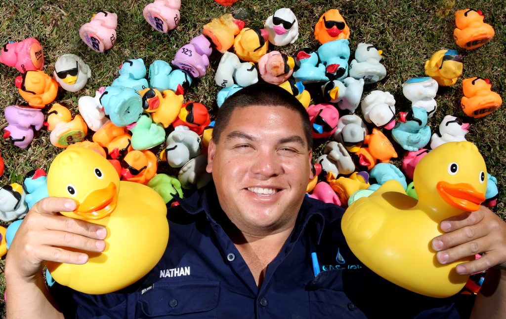 Nathan Williams with some of the competitors who will take part in the inaugural duck race at Cudgen Creek. Nathan Williams with some of the competitors who will take part in the inaugural duck race at Cudgen Creek.
