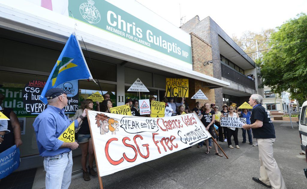 Anti-CSG protestors try to get a meeting with member for Clarence Chris Gulaptis. Photo: Adam Hourigan / The Daily Examiner Anti-CSG protestors try to get a meeting with member for Clarence Chris Gulaptis. Photo: Adam Hourigan / The Daily Examiner